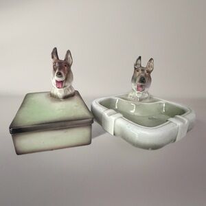 Vintage Rare Goldscheider Art Deco 1941 German Shepherd Ashtray & Snuff Box Set